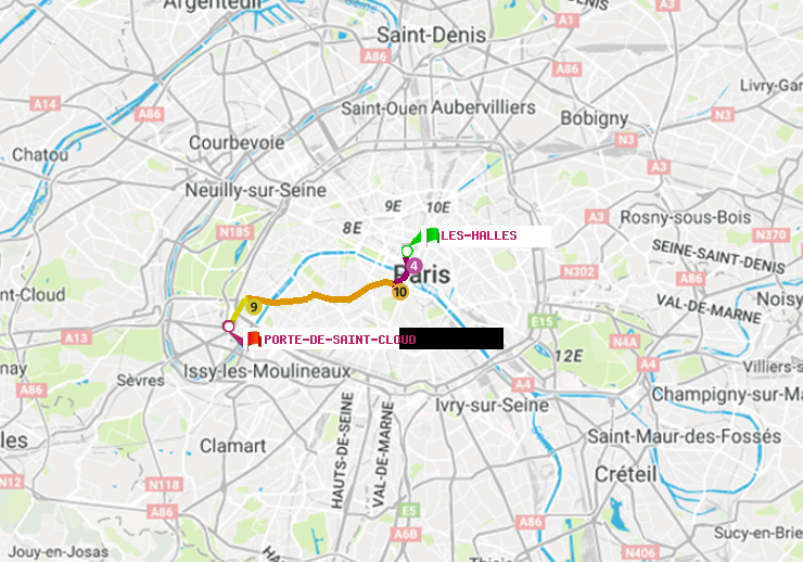 plan itinéraire ratp de Les Halles à Porte de Saint-Cloud