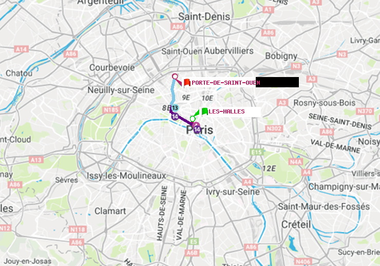 plan itinéraire ratp de Les Halles à Porte de Saint-Ouen