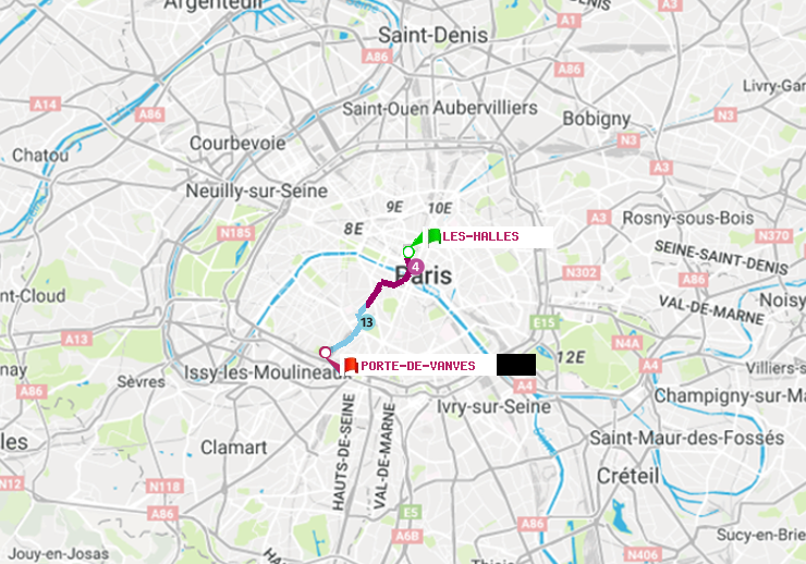 plan itinéraire ratp de Les Halles à Porte de Vanves