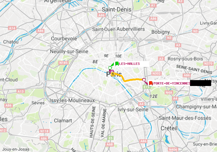 plan itinéraire ratp de Les Halles à Porte de Vincennes