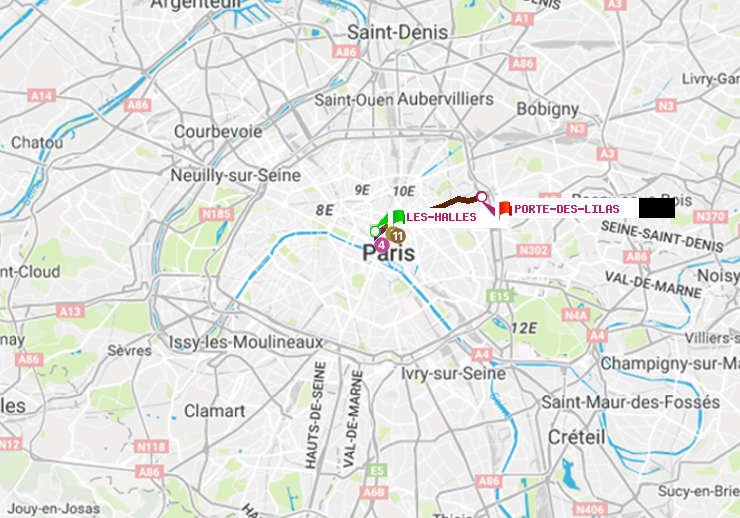 plan itinéraire ratp de Les Halles à Porte des Lilas