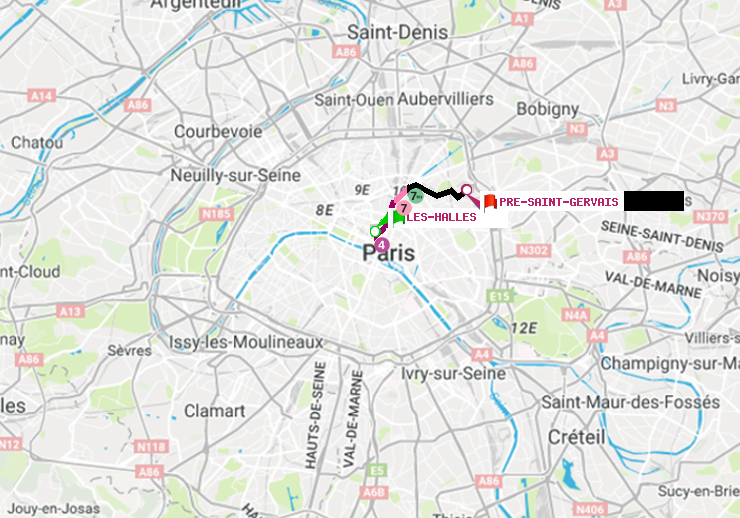 plan itinéraire ratp de Les Halles à Pré-Saint-Gervais