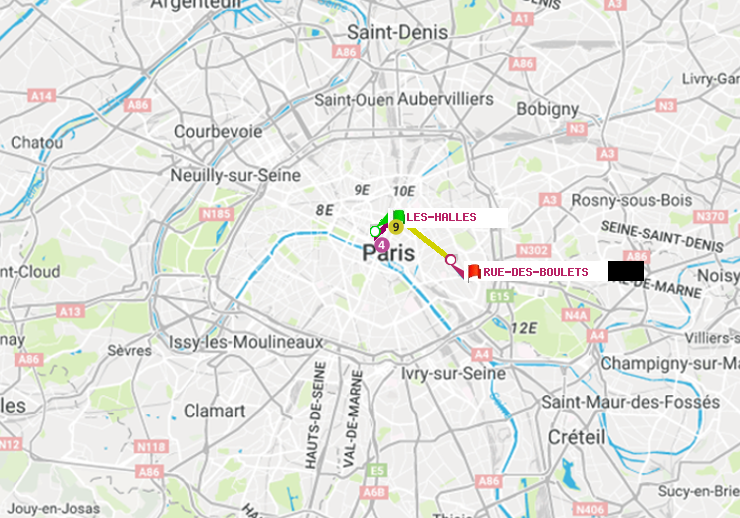 plan itinéraire ratp de Les Halles à Rue des Boulets