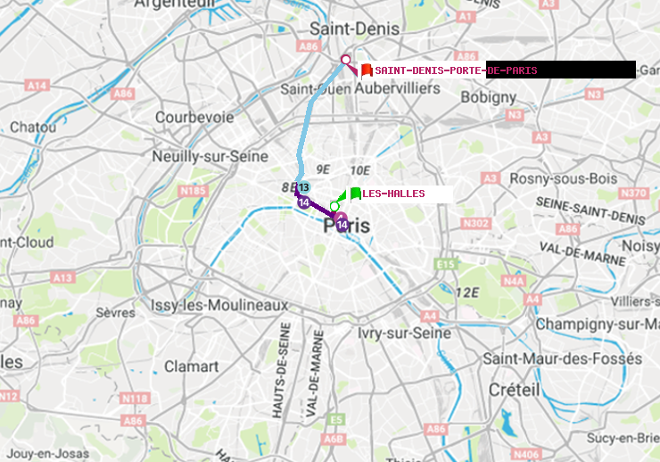 plan itinéraire ratp de Les Halles à Saint-Denis-Porte de Paris