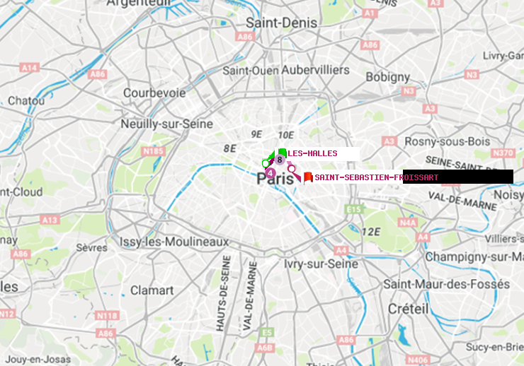 plan itinéraire ratp de Les Halles à Saint-Sébastien-Froissart