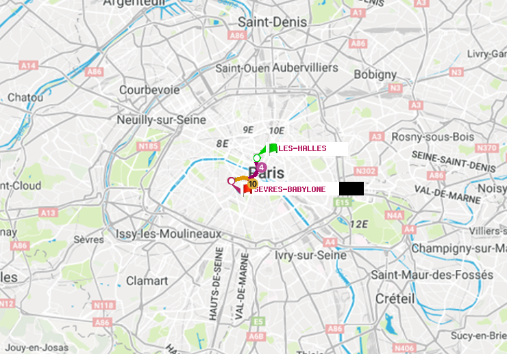 plan itinéraire ratp de Les Halles à Sèvres-Babylone
