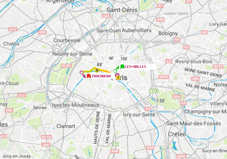 plan itinéraire ratp de Les Halles à Trocadéro