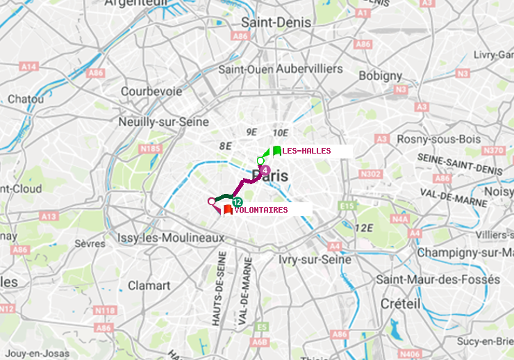 plan itinéraire ratp de Les Halles à Volontaires