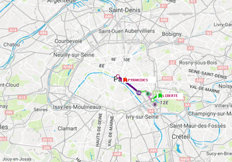 plan itinéraire ratp de Liberté à Pyramides