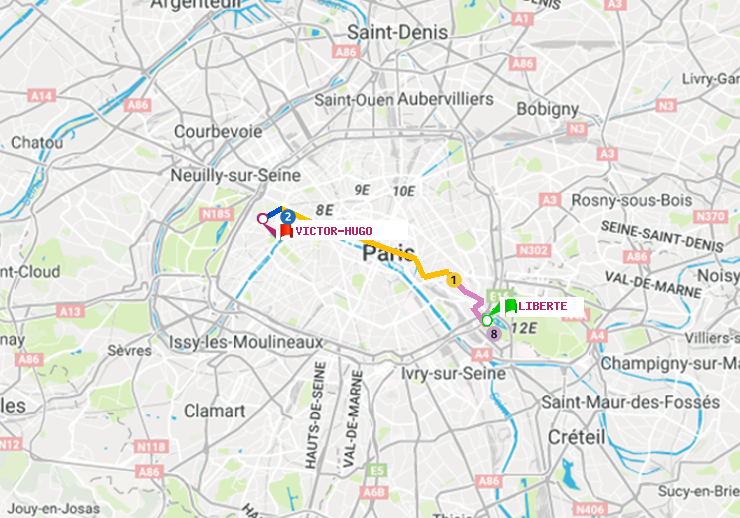 plan itinéraire ratp de Liberté à Victor Hugo