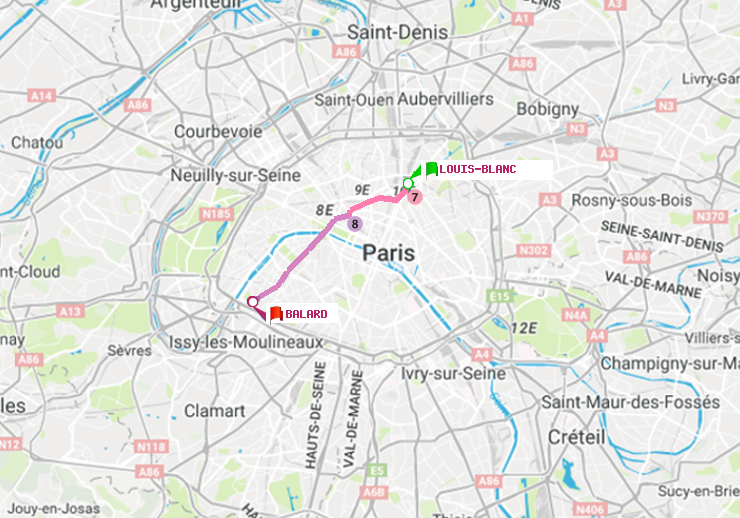 plan itinéraire ratp de Louis Blanc à Balard