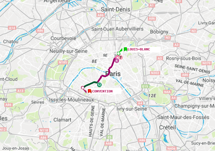 plan itinéraire ratp de Louis Blanc à Convention