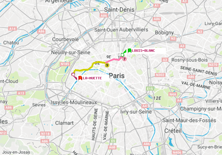 plan itinéraire ratp de Louis Blanc à La Muette