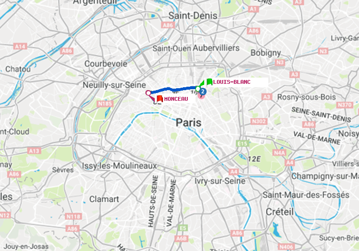 plan itinéraire ratp de Louis Blanc à Monceau