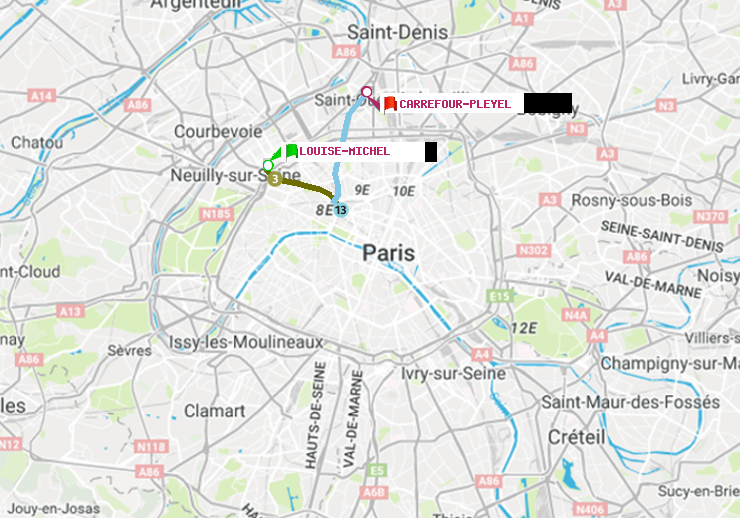 plan itinéraire ratp de Louise Michel à Carrefour-Pleyel
