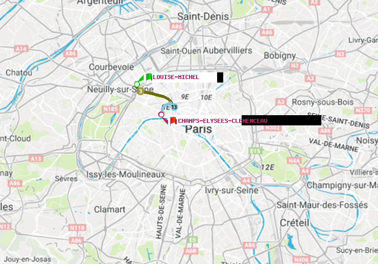plan itinéraire ratp de Louise Michel à Champs-Elysées-Clémenceau