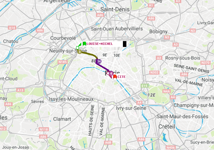 plan itinéraire ratp de Louise Michel à Cité