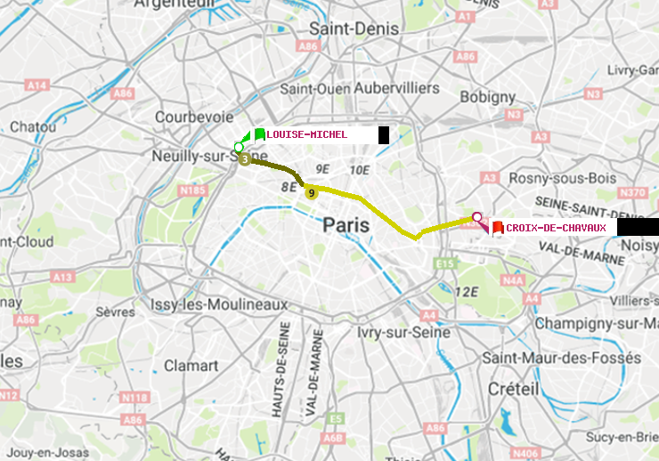 plan itinéraire ratp de Louise Michel à Croix-de-Chavaux (Jacques Duclos)