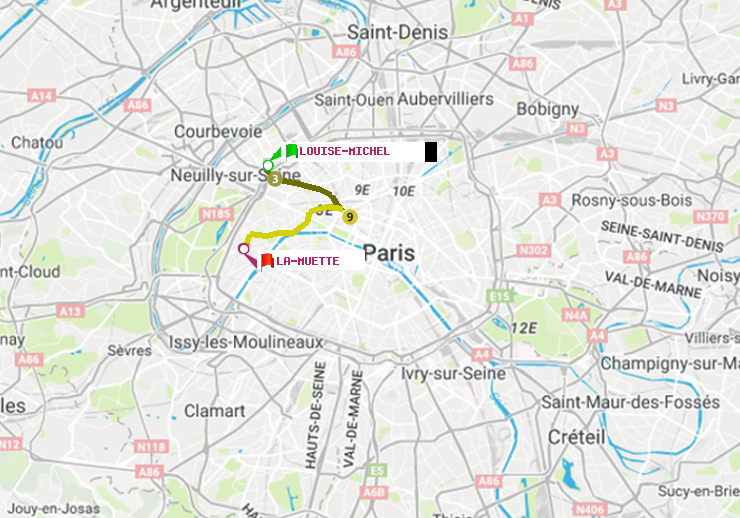 plan itinéraire ratp de Louise Michel à La Muette