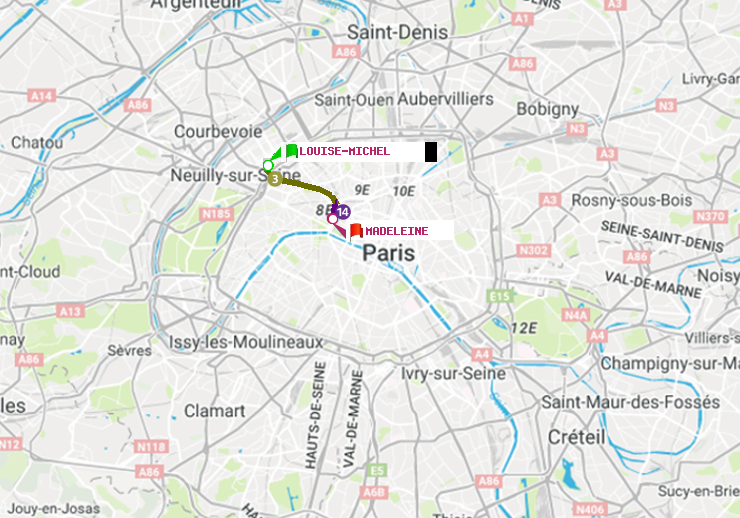 plan itinéraire ratp de Louise Michel à Madeleine