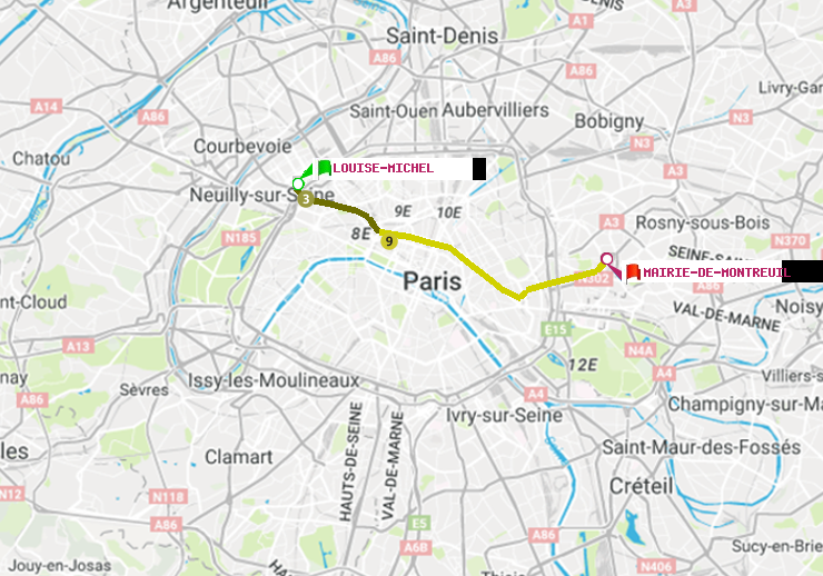 plan itinéraire ratp de Louise Michel à Mairie de Montreuil