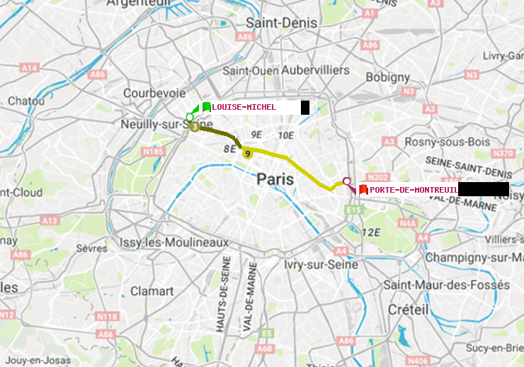 plan itinéraire ratp de Louise Michel à Porte de Montreuil
