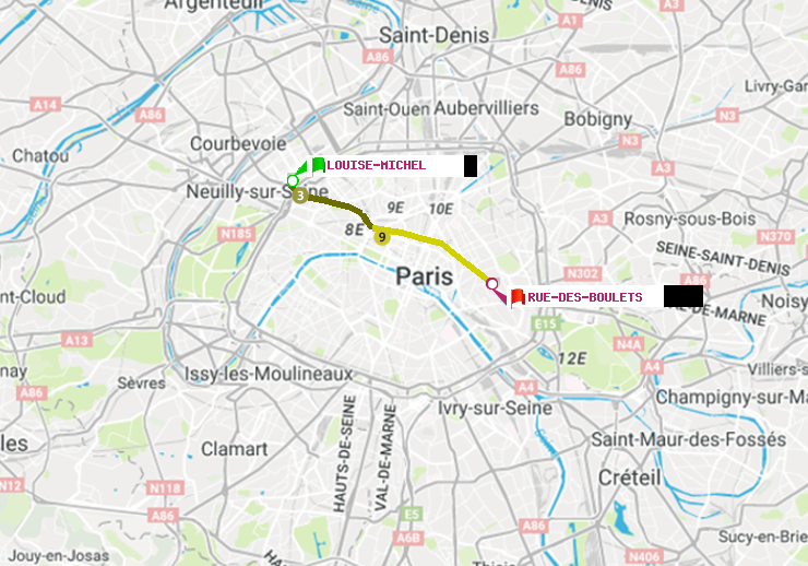 plan itinéraire ratp de Louise Michel à Rue des Boulets