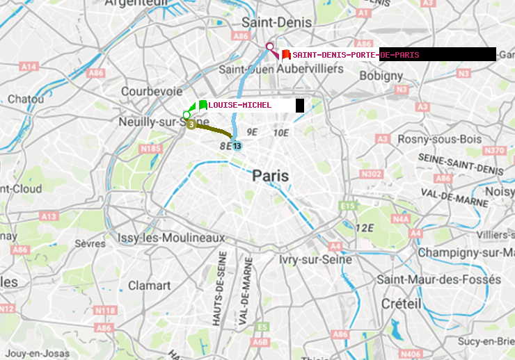 plan itinéraire ratp de Louise Michel à Saint-Denis-Porte de Paris
