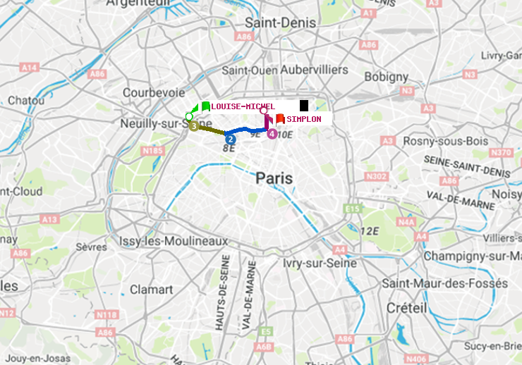 plan itinéraire ratp de Louise Michel à Simplon