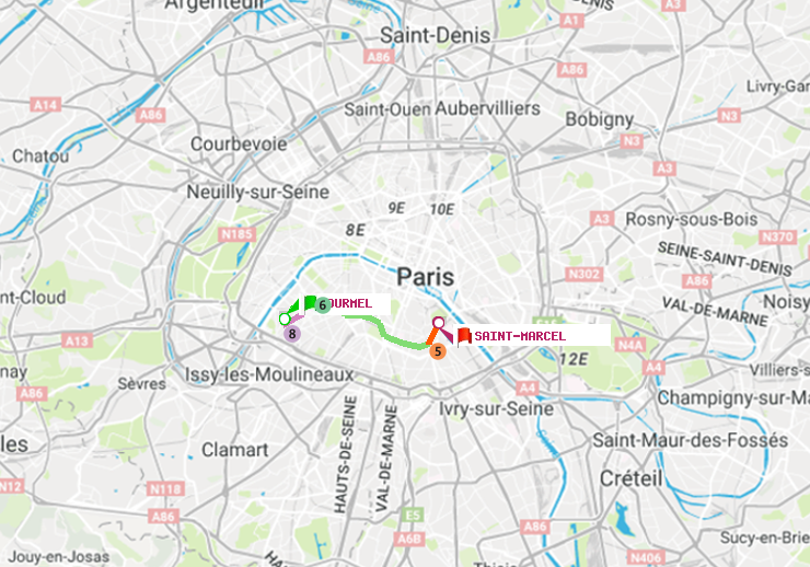 plan itinéraire ratp de Lourmel à Saint-Marcel
