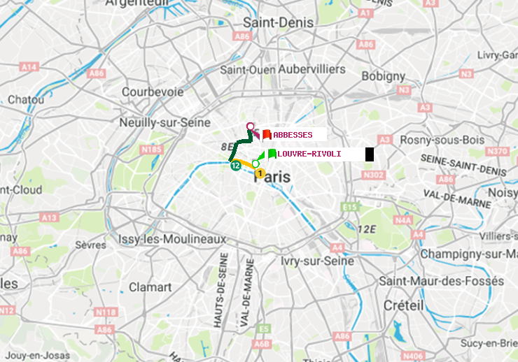 plan itinéraire ratp de Louvre-Rivoli à Abbesses