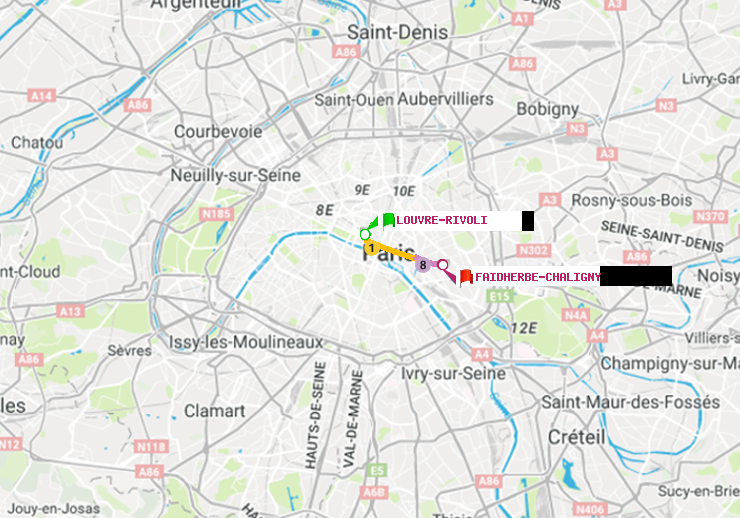plan itinéraire ratp de Louvre-Rivoli à Faidherbe-Chaligny