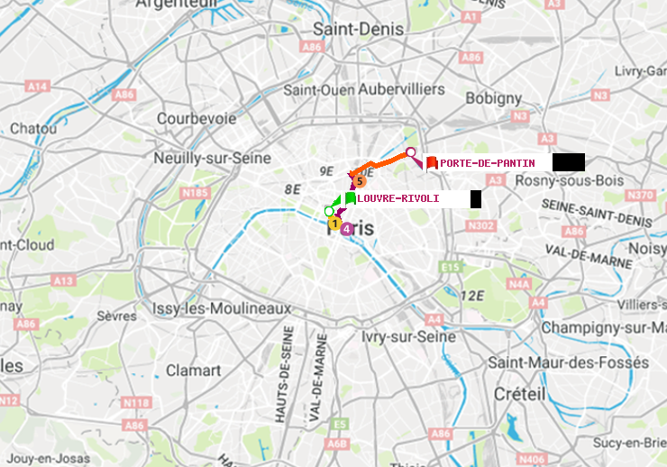 plan itinéraire ratp de Louvre-Rivoli à Porte de Pantin