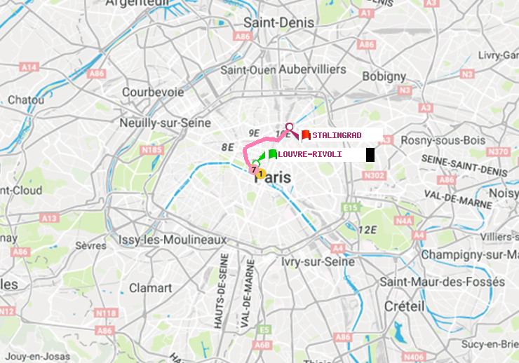 plan itinéraire ratp de Louvre-Rivoli à Stalingrad