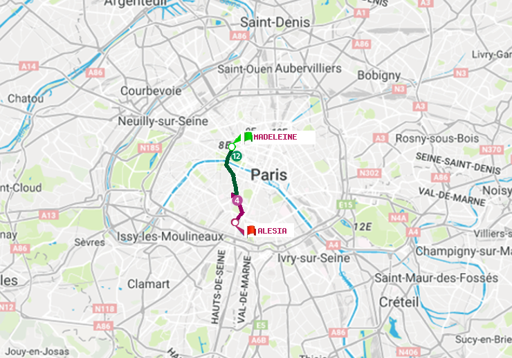 plan itinéraire ratp de Madeleine à Alésia