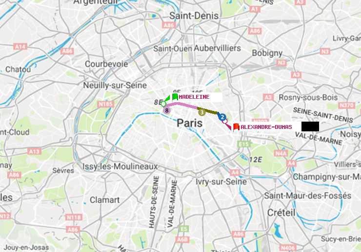 plan itinéraire ratp de Madeleine à Alexandre-Dumas
