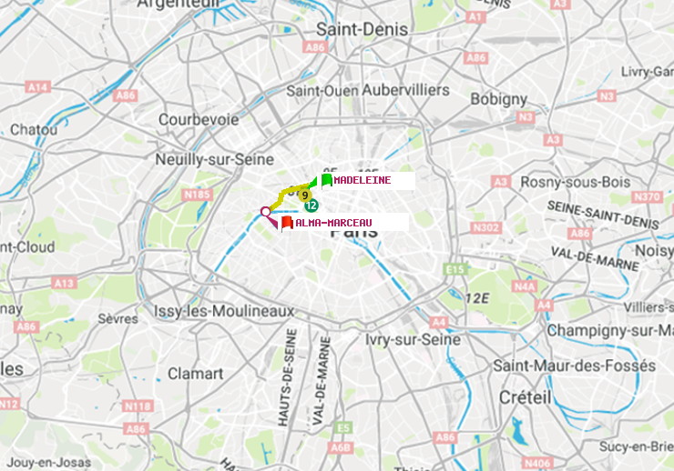 plan itinéraire ratp de Madeleine à Alma-Marceau