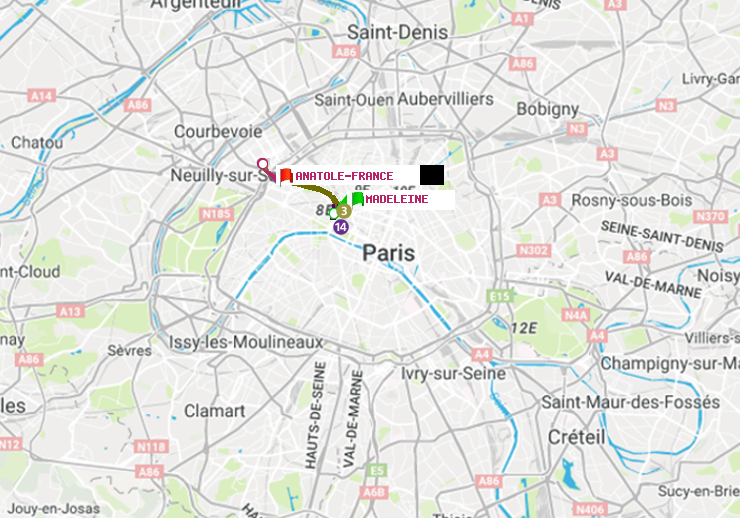 plan itinéraire ratp de Madeleine à Anatole-France