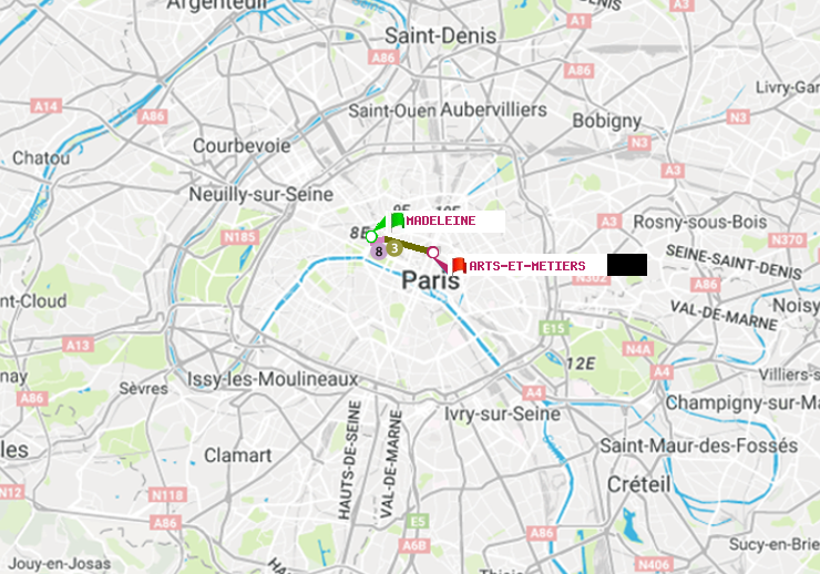 plan itinéraire ratp de Madeleine à Arts-et-Métiers