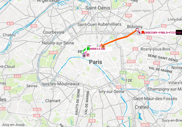 plan itinéraire ratp de Madeleine à Bobigny-Pablo-Picasso