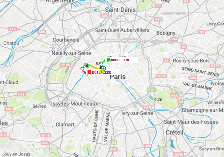 plan itinéraire ratp de Madeleine à Boissière