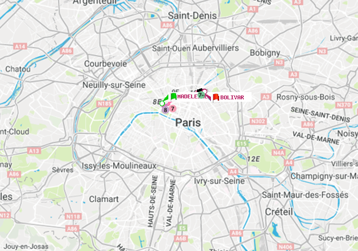 plan itinéraire ratp de Madeleine à Bolivar
