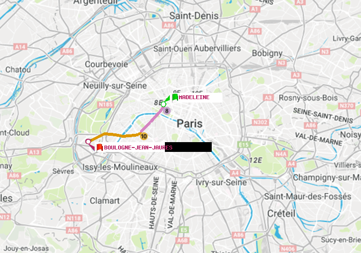 plan itinéraire ratp de Madeleine à Boulogne-Jean-Jaurès