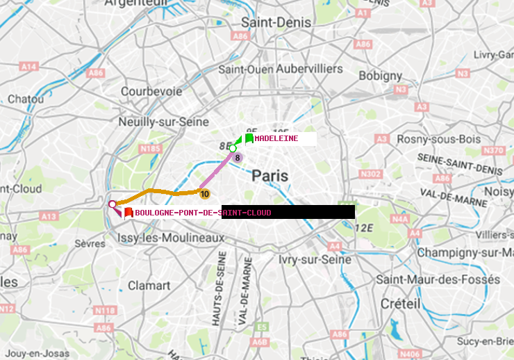 plan itinéraire ratp de Madeleine à Boulogne Pont de Saint-Cloud