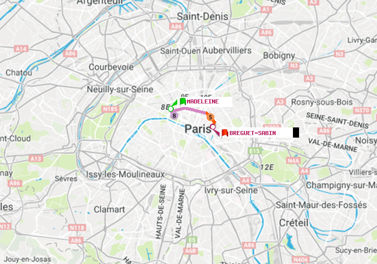 plan itinéraire ratp de Madeleine à Bréguet-Sabin