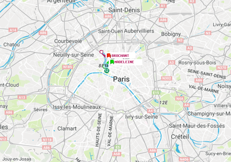plan itinéraire ratp de Madeleine à Brochant