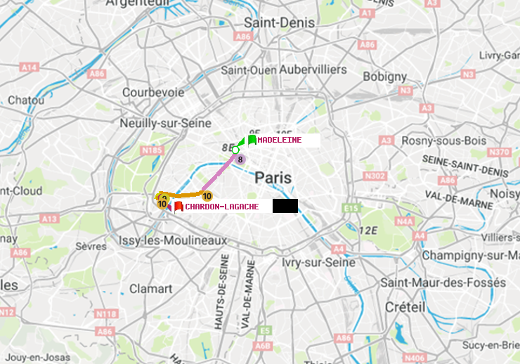 plan itinéraire ratp de Madeleine à Chardon-Lagache