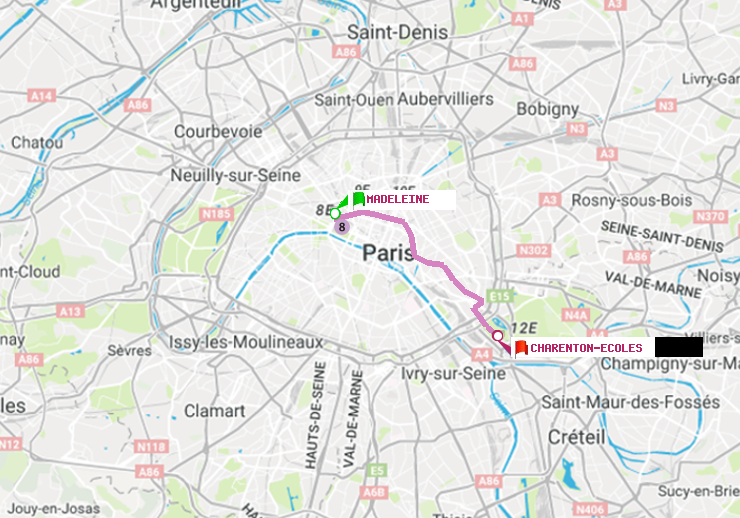 plan itinéraire ratp de Madeleine à Charenton-Ecoles