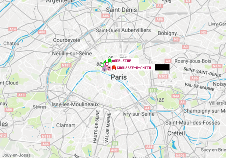 plan itinéraire ratp de Madeleine à Chaussée d