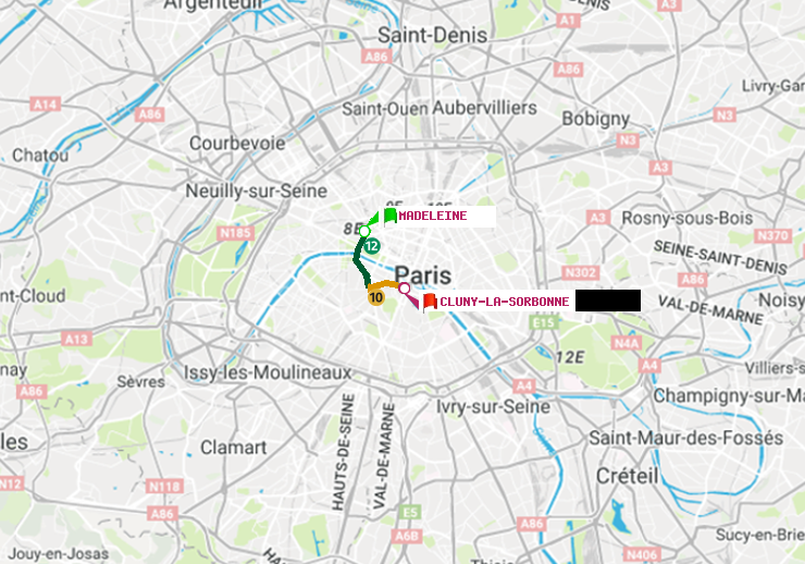 plan itinéraire ratp de Madeleine à Cluny-La Sorbonne